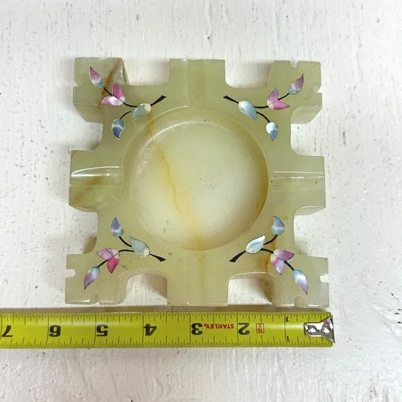 Vintage Onyx Ashtray Mother of Pearl Inlay Puzzle Piece Castle Design Decor - Picture 7 of 8